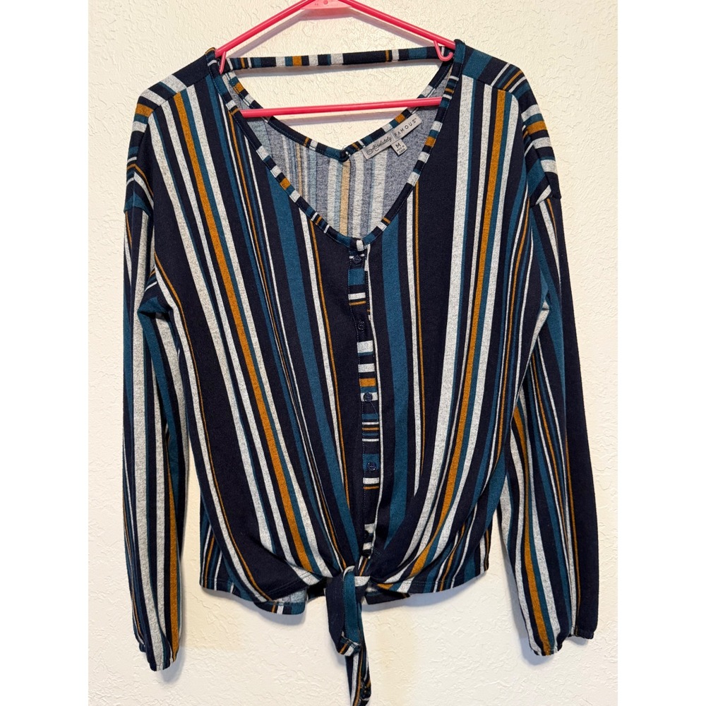 Absolutely Famous Striped Tie Front Top Navy Teal Mustard V-Neck Medium